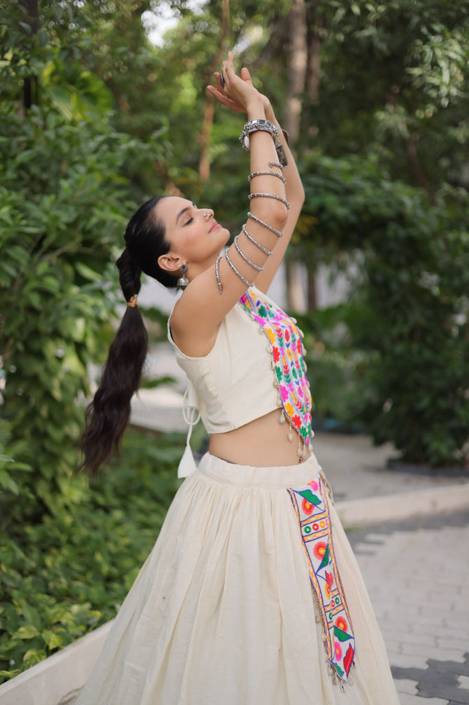 Off White Kora Cotton Lehenga Choli Set with Traditional Kutchi Gamthi Work ClothsVilla