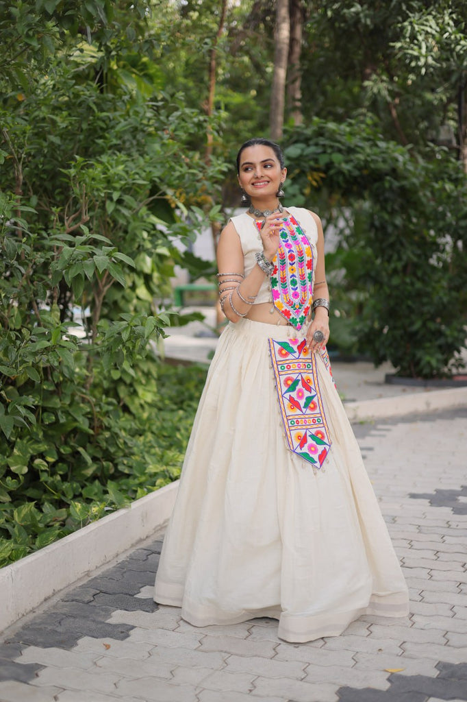 Off White Kora Cotton Lehenga Choli Set with Traditional Kutchi Gamthi Work ClothsVilla