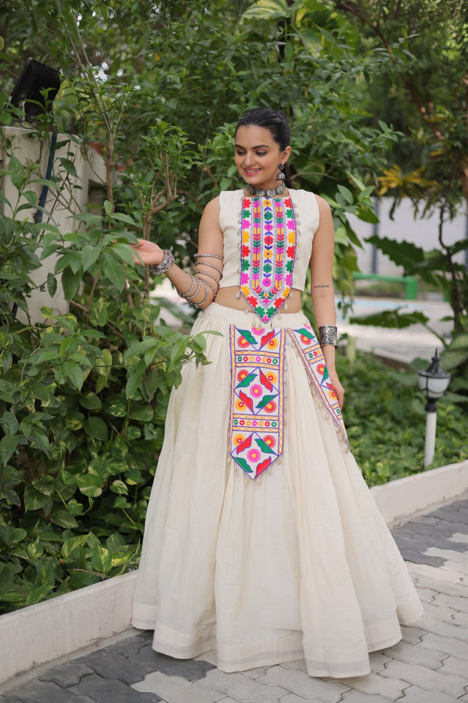 Off White Kora Cotton Lehenga Choli Set with Traditional Kutchi Gamthi Work ClothsVilla