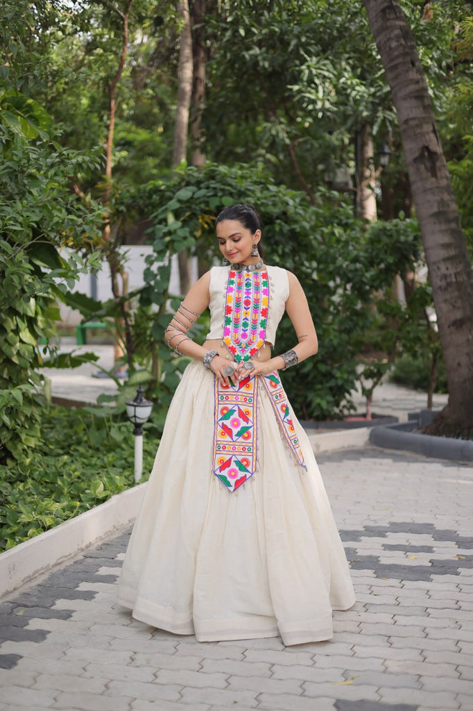 Off White Kora Cotton Lehenga Choli Set with Traditional Kutchi Gamthi Work ClothsVilla