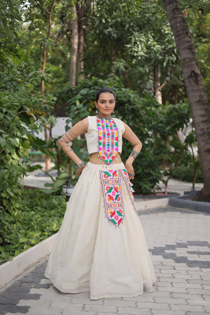 Off White Kora Cotton Lehenga Choli Set with Traditional Kutchi Gamthi Work ClothsVilla