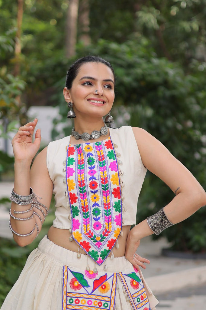 Off White Kora Cotton Lehenga Choli Set with Traditional Kutchi Gamthi Work ClothsVilla