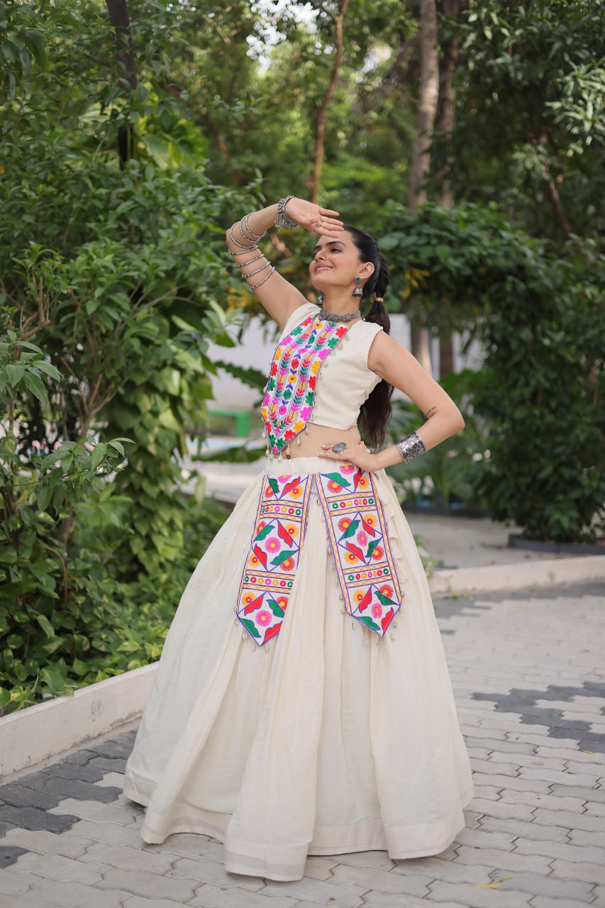 Off White Kora Cotton Lehenga Choli Set with Traditional Kutchi Gamthi Work ClothsVilla