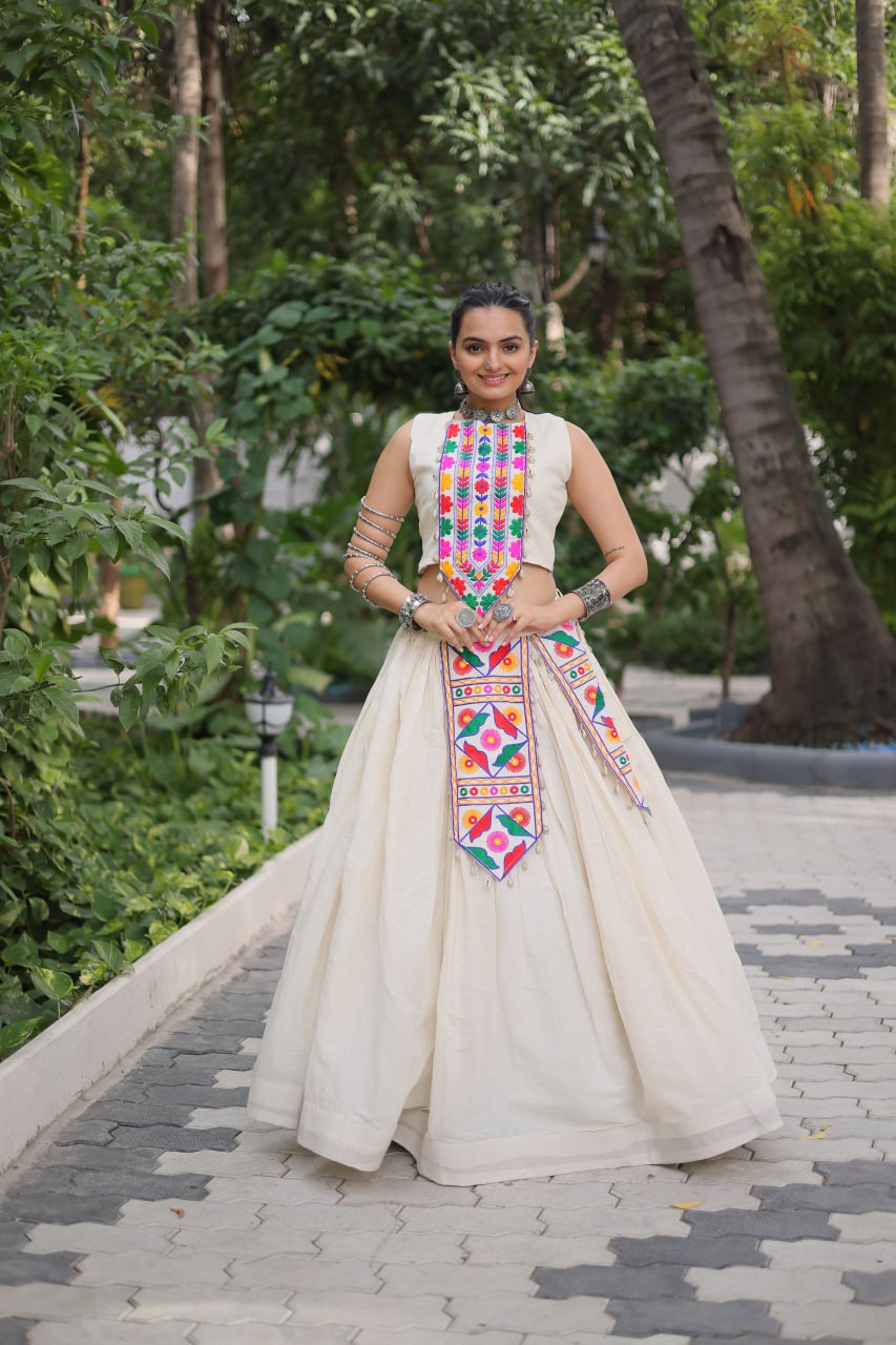 Off White Kora Cotton Lehenga Choli Set with Traditional Kutchi Gamthi Work ClothsVilla