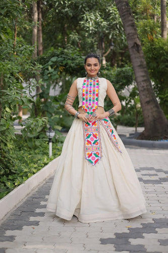 Off White Kora Cotton Lehenga Choli Set with Traditional Kutchi Gamthi Work ClothsVilla