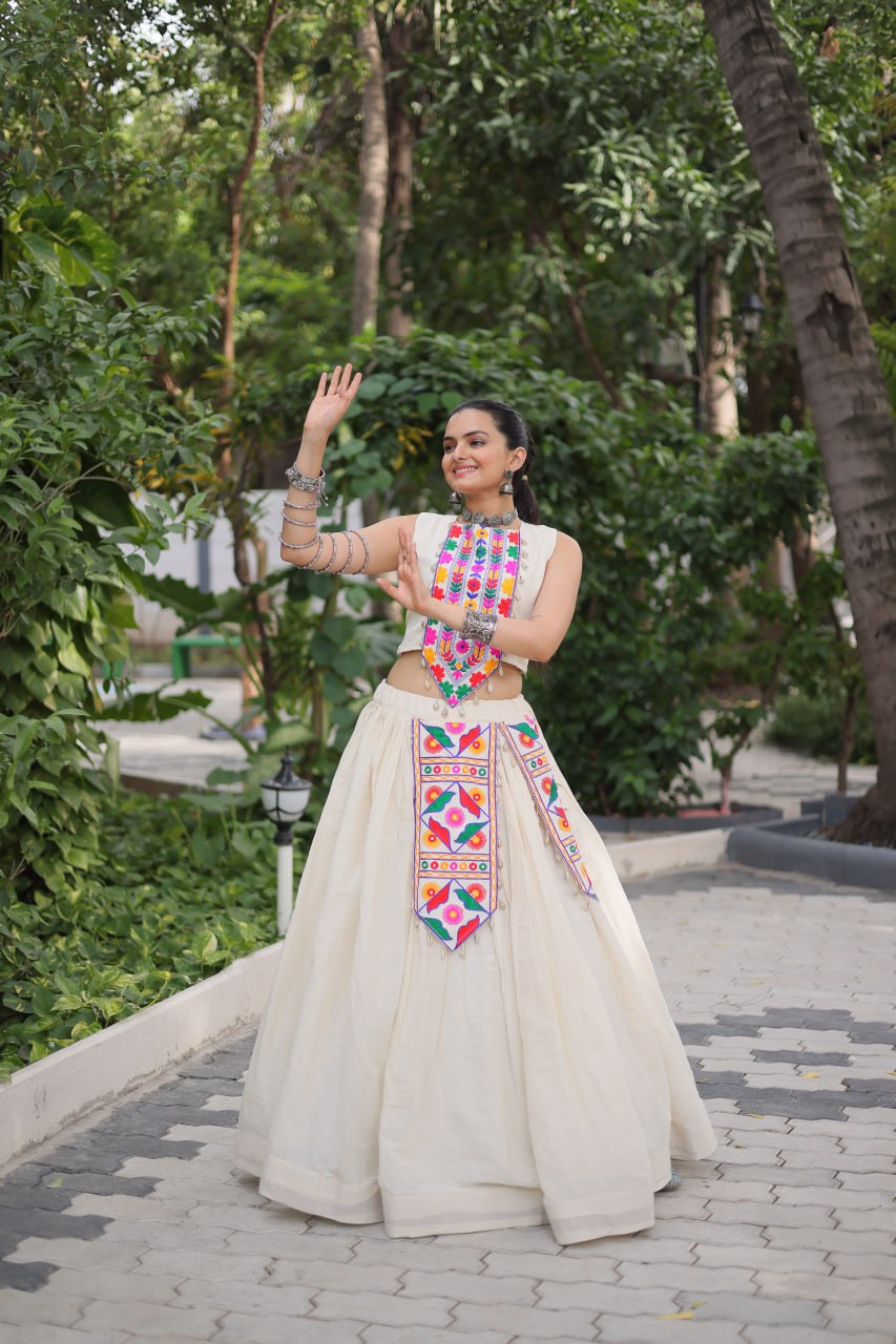 Off White Kora Cotton Lehenga Choli Set with Traditional Kutchi Gamthi Work ClothsVilla