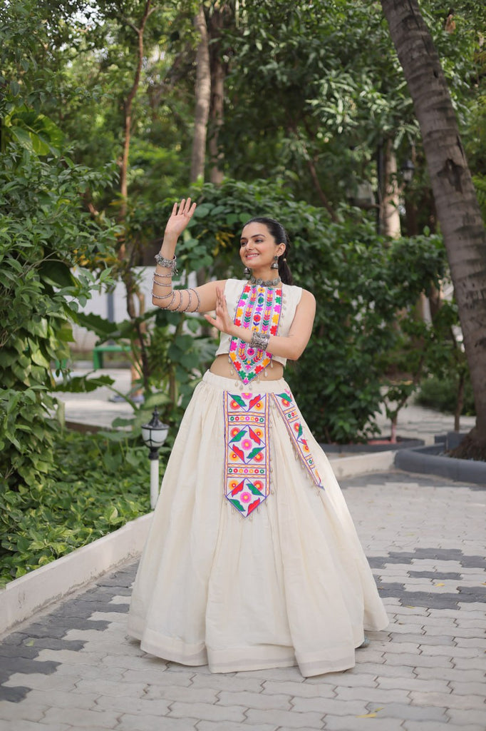 Off White Kora Cotton Lehenga Choli Set with Traditional Kutchi Gamthi Work ClothsVilla