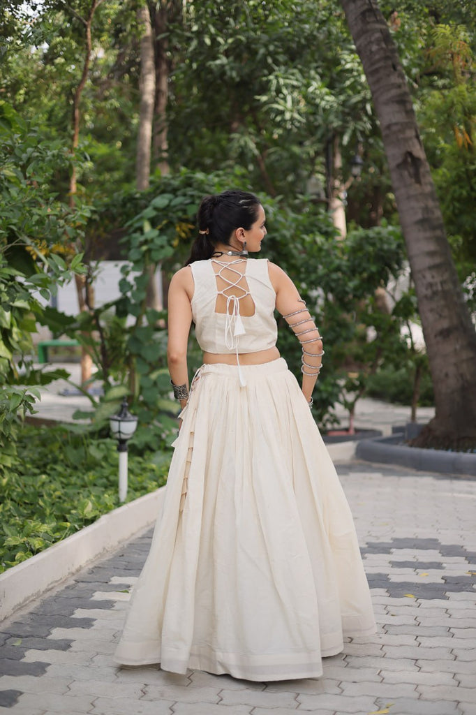 Off White Kora Cotton Lehenga Choli Set with Traditional Kutchi Gamthi Work ClothsVilla