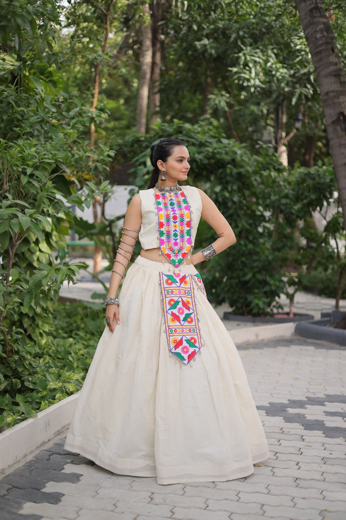 Off White Kora Cotton Lehenga Choli Set with Traditional Kutchi Gamthi Work ClothsVilla