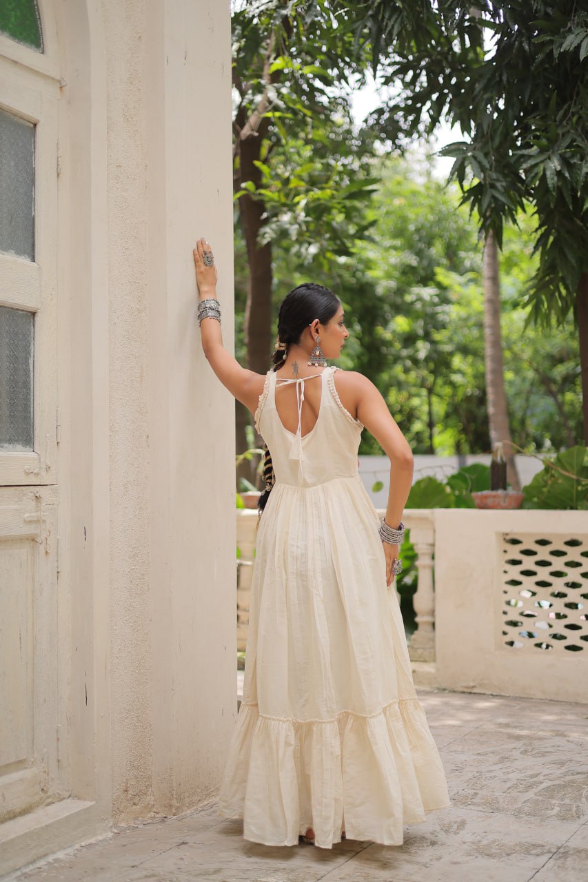 Off-White Kora Cotton Sleeveless Embroidered Gown with 8-Meter Flair ClothsVilla