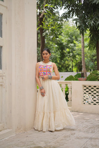 Off-White Kora Cotton Sleeveless Embroidered Gown with 8-Meter Flair ClothsVilla