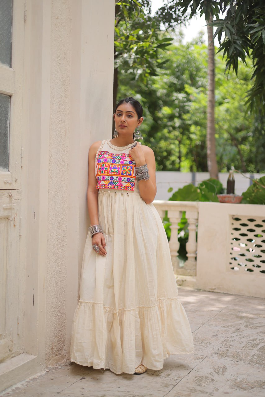 Off-White Kora Cotton Sleeveless Embroidered Gown with 8-Meter Flair ClothsVilla