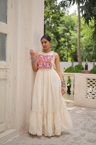 Off-White Kora Cotton Sleeveless Embroidered Gown with 8-Meter Flair ClothsVilla