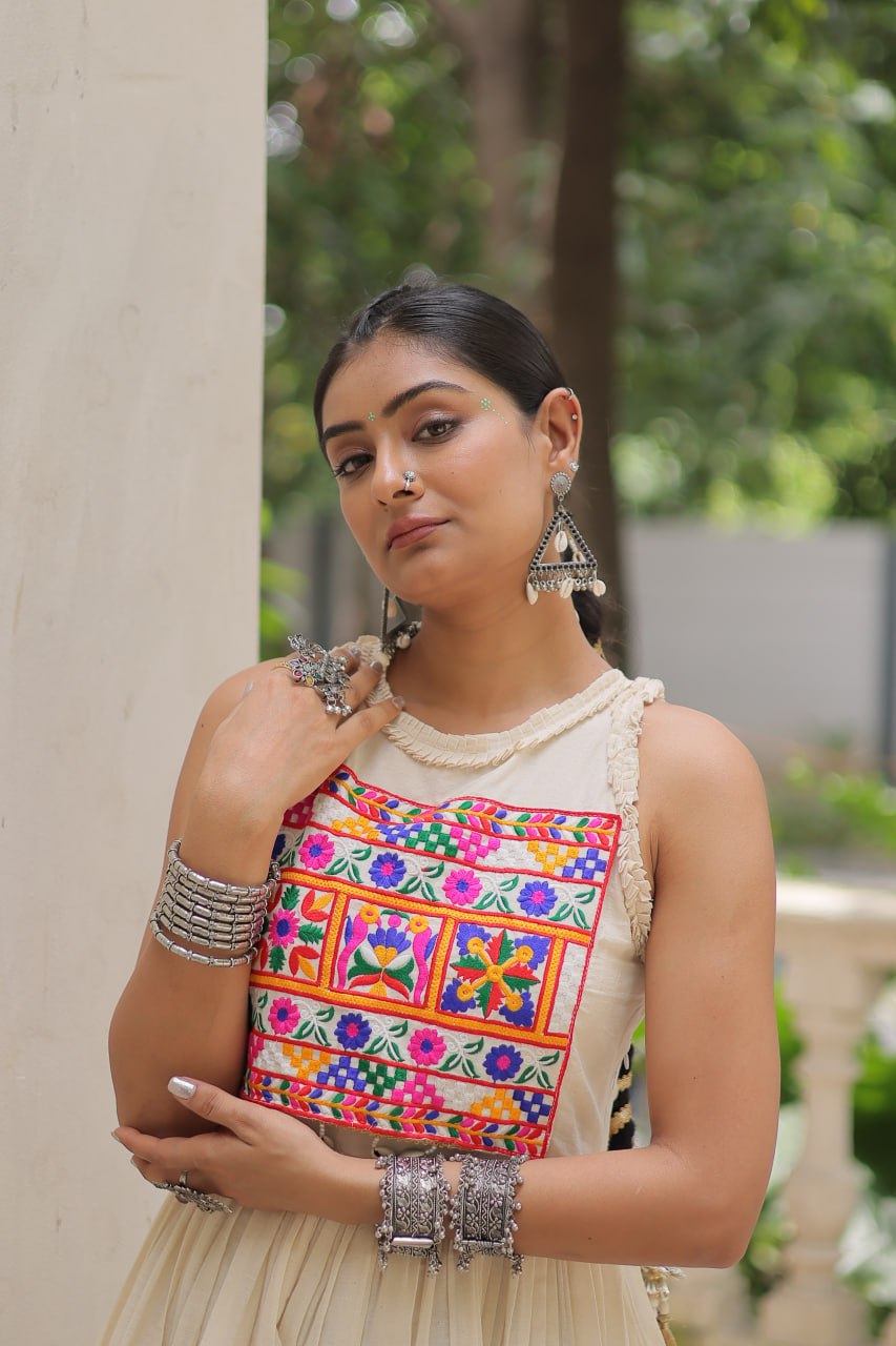 Off-White Kora Cotton Sleeveless Embroidered Gown with 8-Meter Flair ClothsVilla