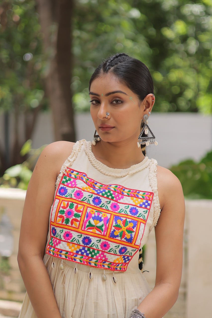 Off-White Kora Cotton Sleeveless Embroidered Gown with 8-Meter Flair ClothsVilla