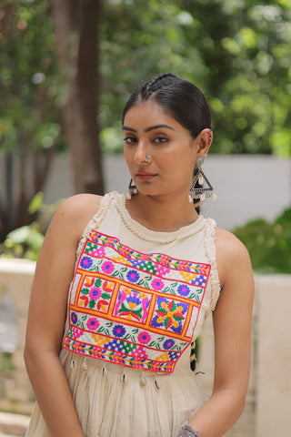 Off-White Kora Cotton Sleeveless Embroidered Gown with 8-Meter Flair ClothsVilla