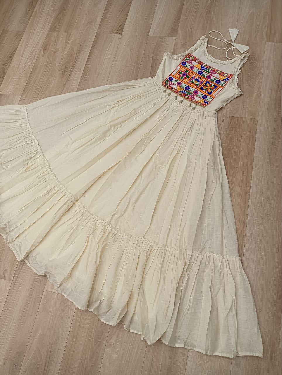 Off-White Kora Cotton Sleeveless Embroidered Gown with 8-Meter Flair ClothsVilla