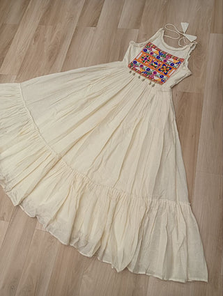 Off-White Kora Cotton Sleeveless Embroidered Gown with 8-Meter Flair ClothsVilla