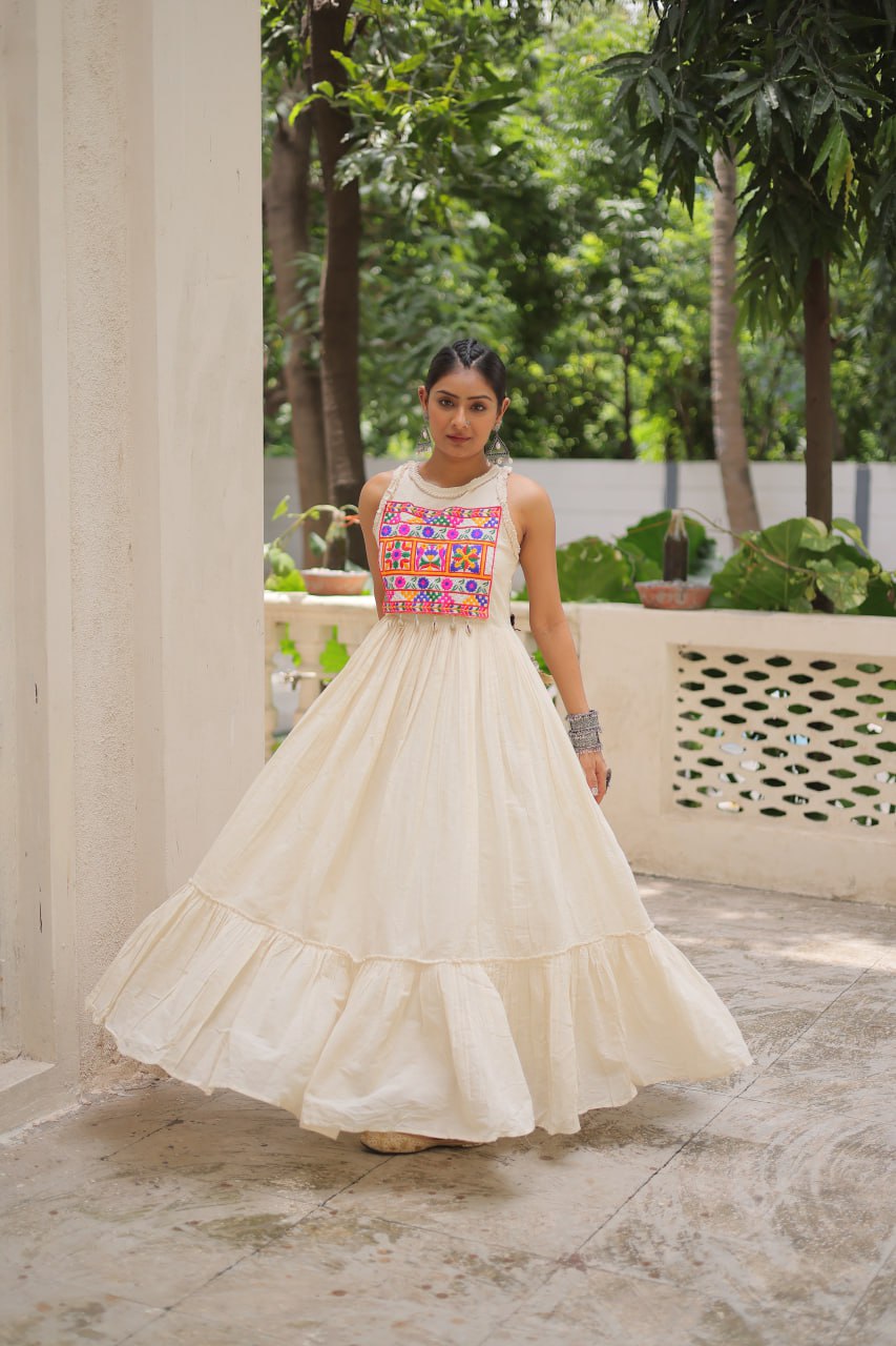 Off-White Kora Cotton Sleeveless Embroidered Gown with 8-Meter Flair ClothsVilla