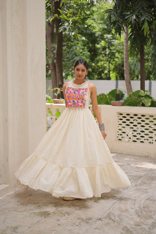 Off-White Kora Cotton Sleeveless Embroidered Gown with 8-Meter Flair ClothsVilla