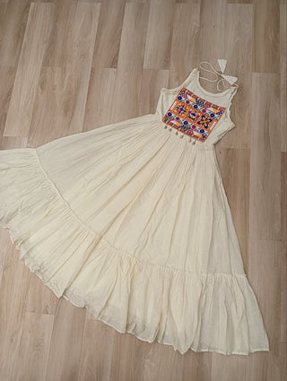 Off-White Kora Cotton Sleeveless Embroidered Gown with 8-Meter Flair ClothsVilla