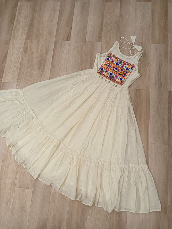 Off-White Kora Cotton Sleeveless Embroidered Gown with 8-Meter Flair ClothsVilla