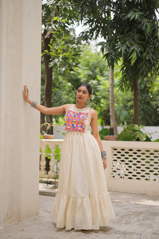 Off-White Kora Cotton Sleeveless Embroidered Gown with 8-Meter Flair ClothsVilla