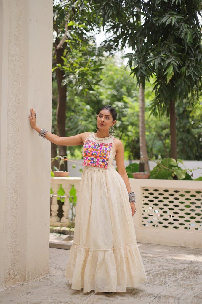 Off-White Kora Cotton Sleeveless Embroidered Gown with 8-Meter Flair ClothsVilla