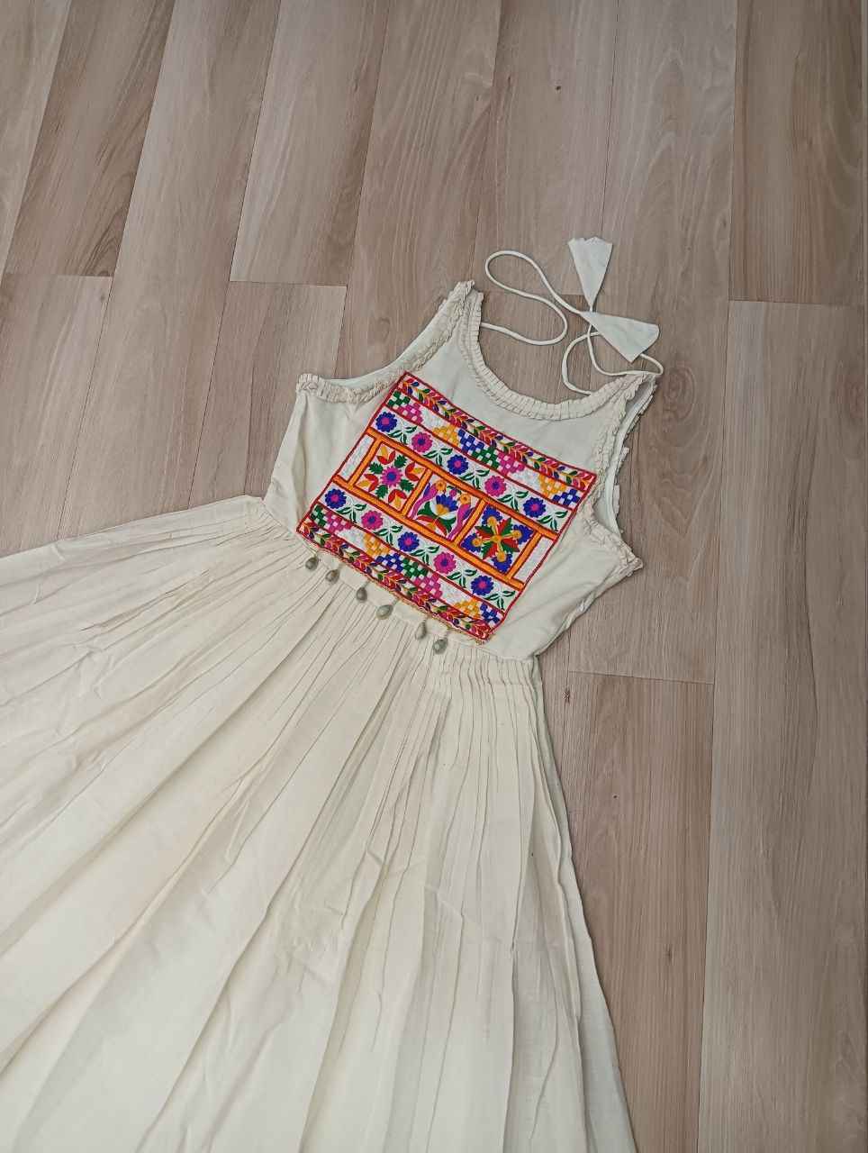 Off-White Kora Cotton Sleeveless Embroidered Gown with 8-Meter Flair ClothsVilla