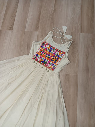 Off-White Kora Cotton Sleeveless Embroidered Gown with 8-Meter Flair ClothsVilla