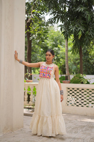 Off-White Kora Cotton Sleeveless Embroidered Gown with 8-Meter Flair ClothsVilla