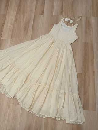 Off-White Kora Cotton Sleeveless Embroidered Gown with 8-Meter Flair ClothsVilla