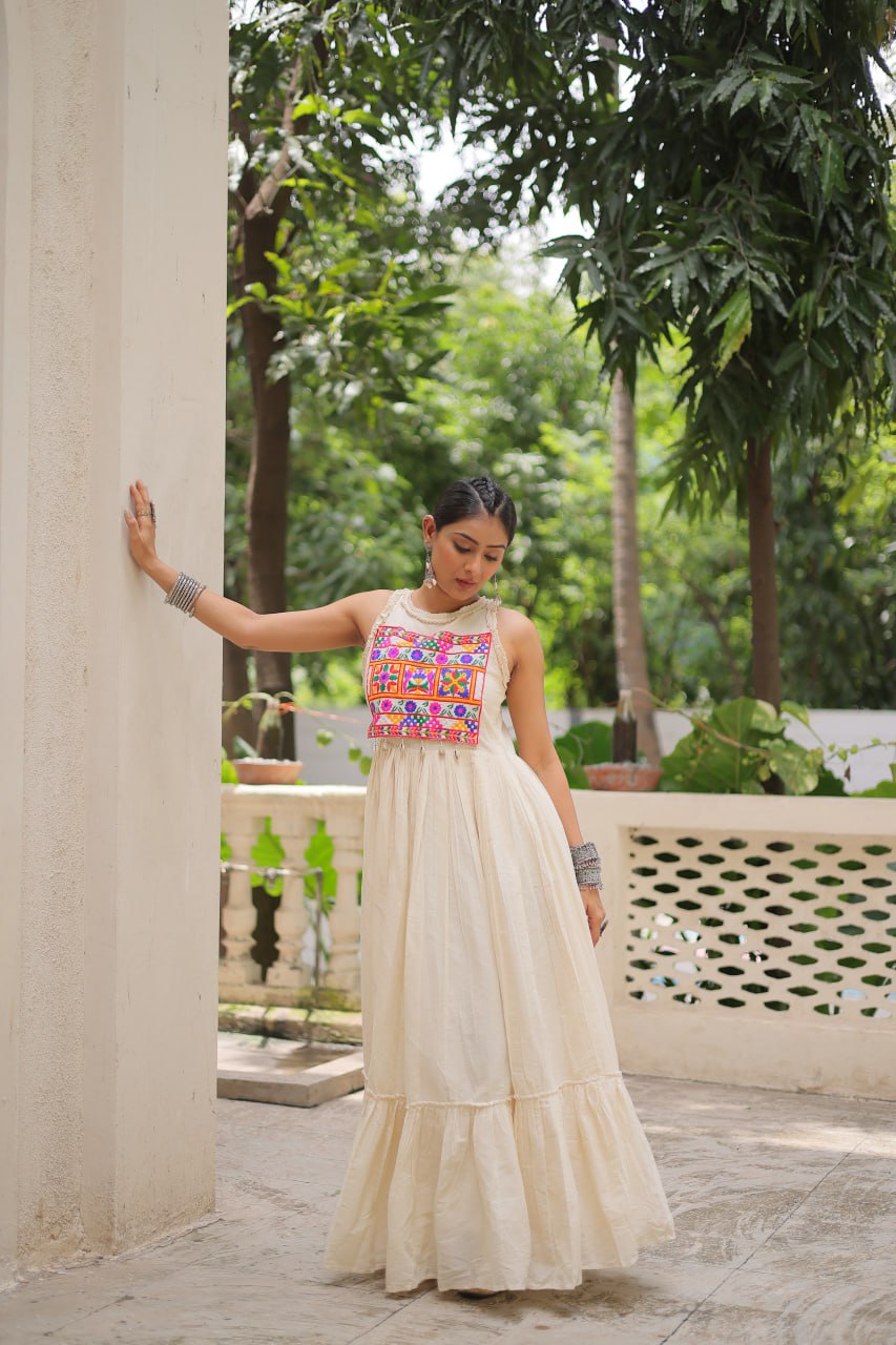 Off-White Kora Cotton Sleeveless Embroidered Gown with 8-Meter Flair ClothsVilla