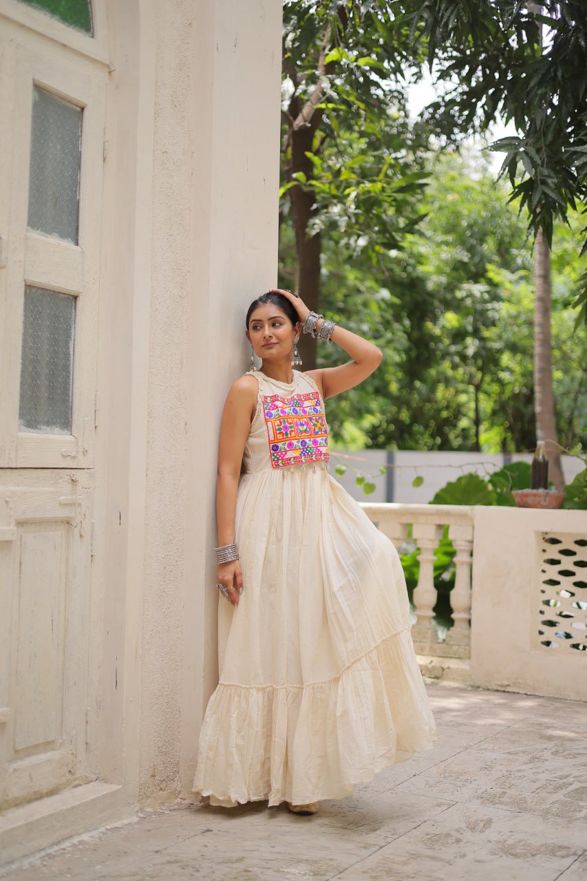 Off-White Kora Cotton Sleeveless Embroidered Gown with 8-Meter Flair ClothsVilla