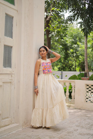Off-White Kora Cotton Sleeveless Embroidered Gown with 8-Meter Flair ClothsVilla