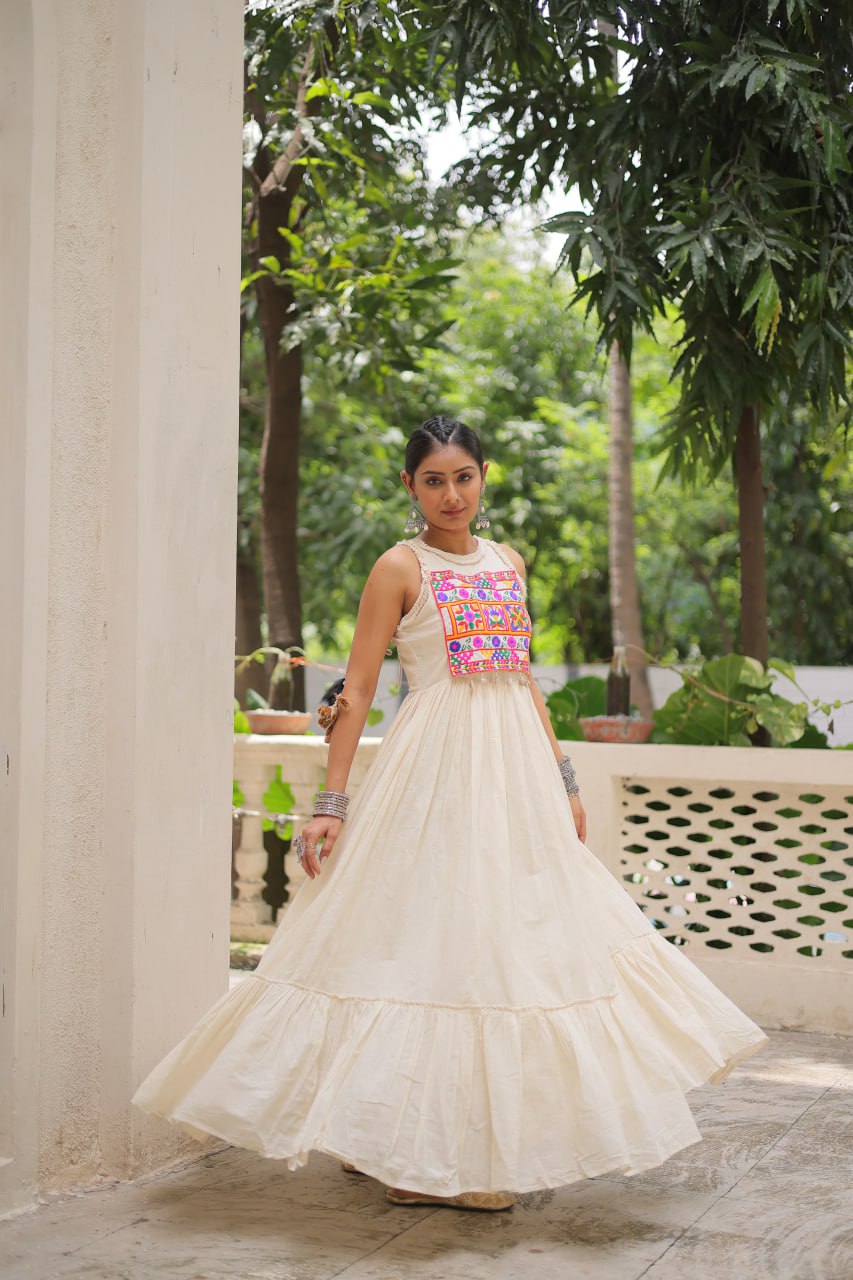 Off-White Kora Cotton Sleeveless Embroidered Gown with 8-Meter Flair ClothsVilla