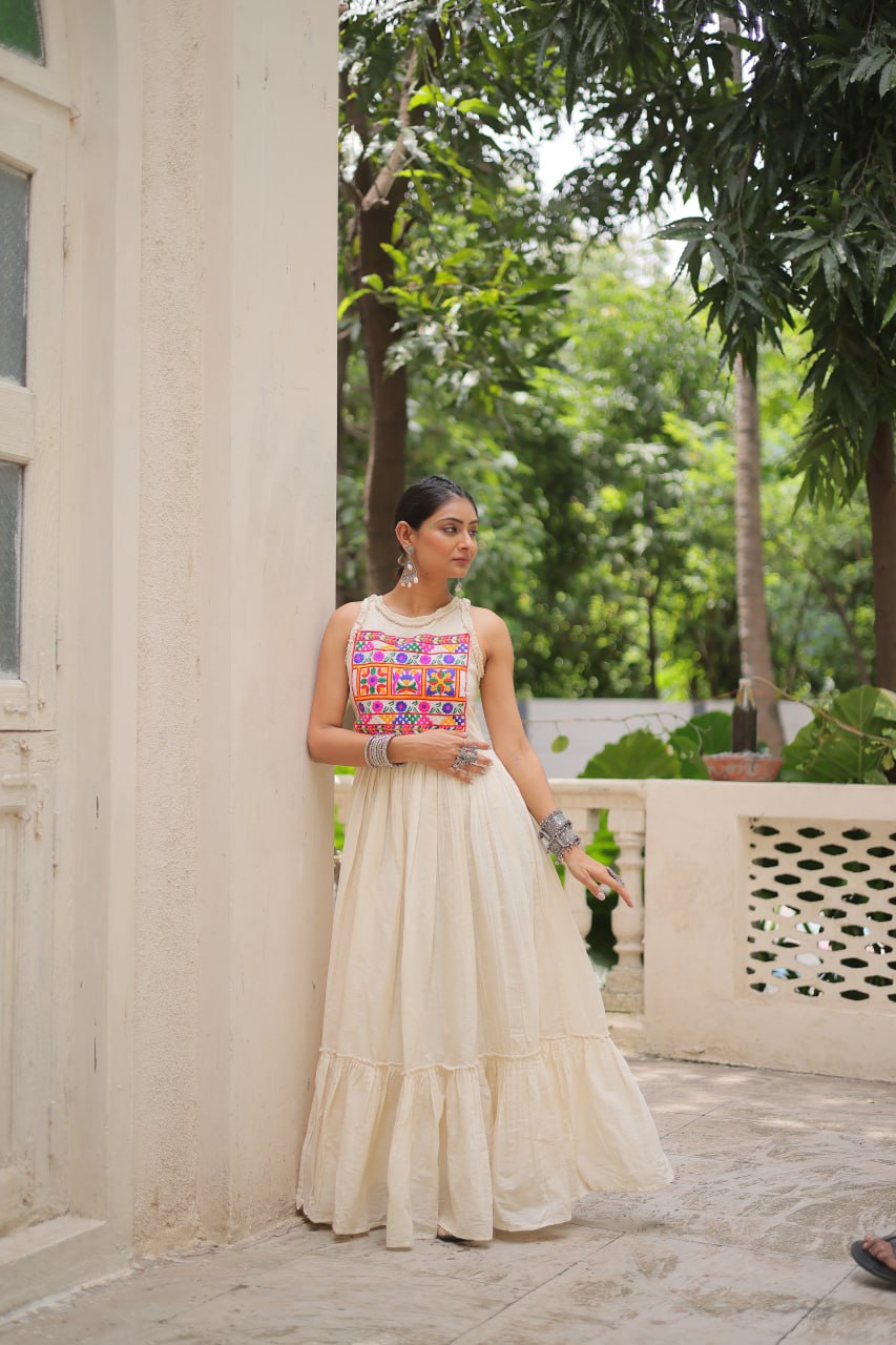 Off-White Kora Cotton Sleeveless Embroidered Gown with 8-Meter Flair ClothsVilla