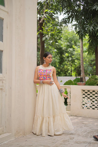Off-White Kora Cotton Sleeveless Embroidered Gown with 8-Meter Flair ClothsVilla