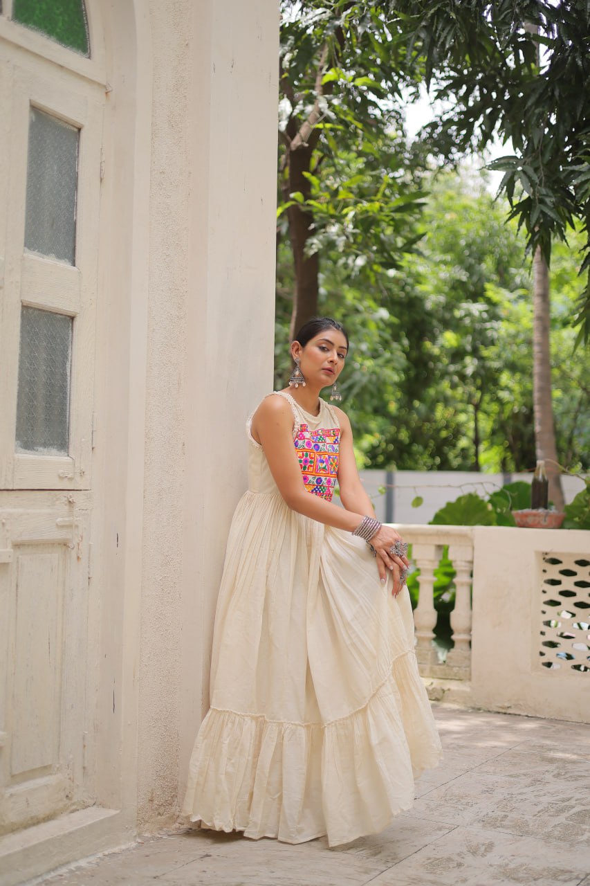 Off-White Kora Cotton Sleeveless Embroidered Gown with 8-Meter Flair ClothsVilla