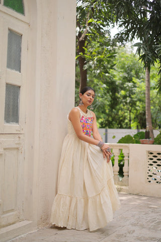 Off-White Kora Cotton Sleeveless Embroidered Gown with 8-Meter Flair ClothsVilla