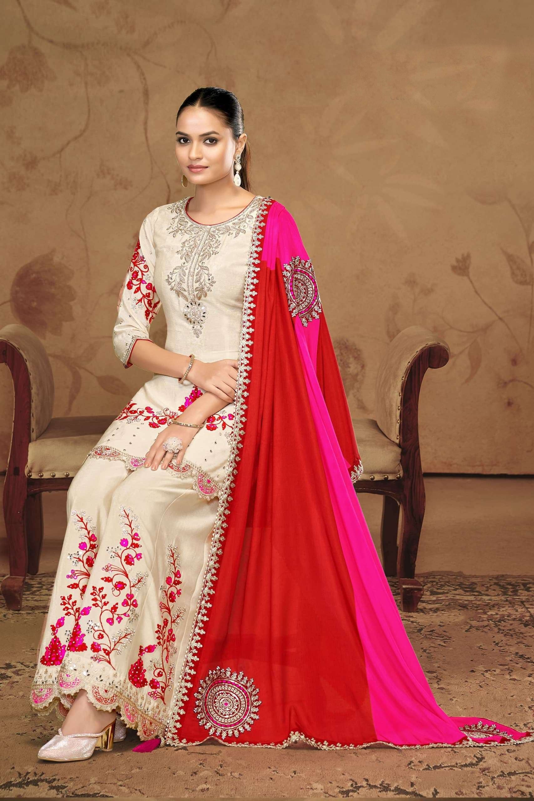 Off White Kurta Palazzo with Dupatta Secondary image