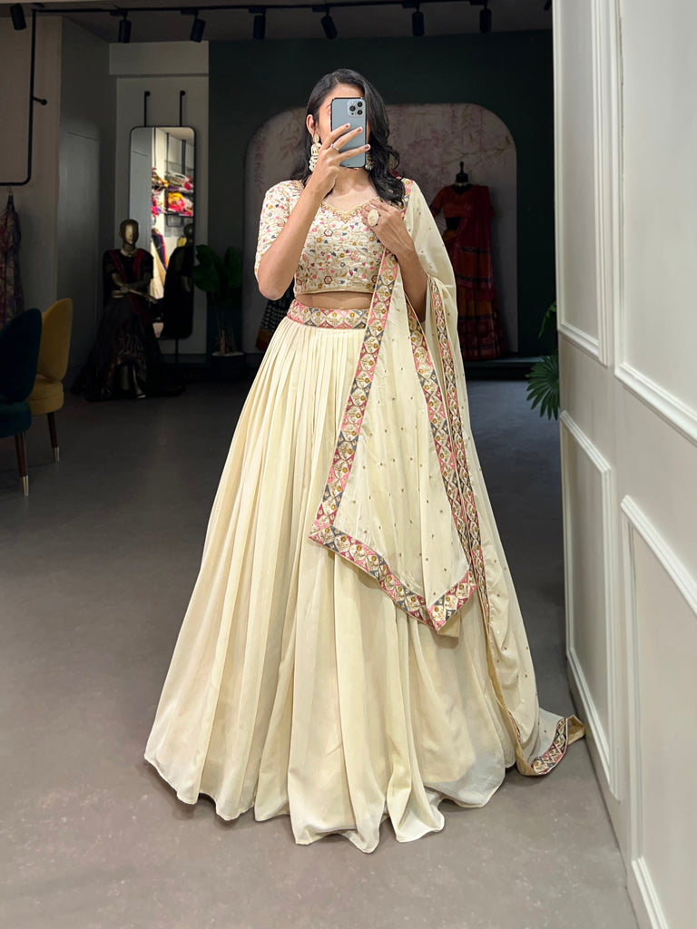 Off-White Lehenga Choli with Sequins & Thread Embroidery in Georgette Fabric ClothsVilla