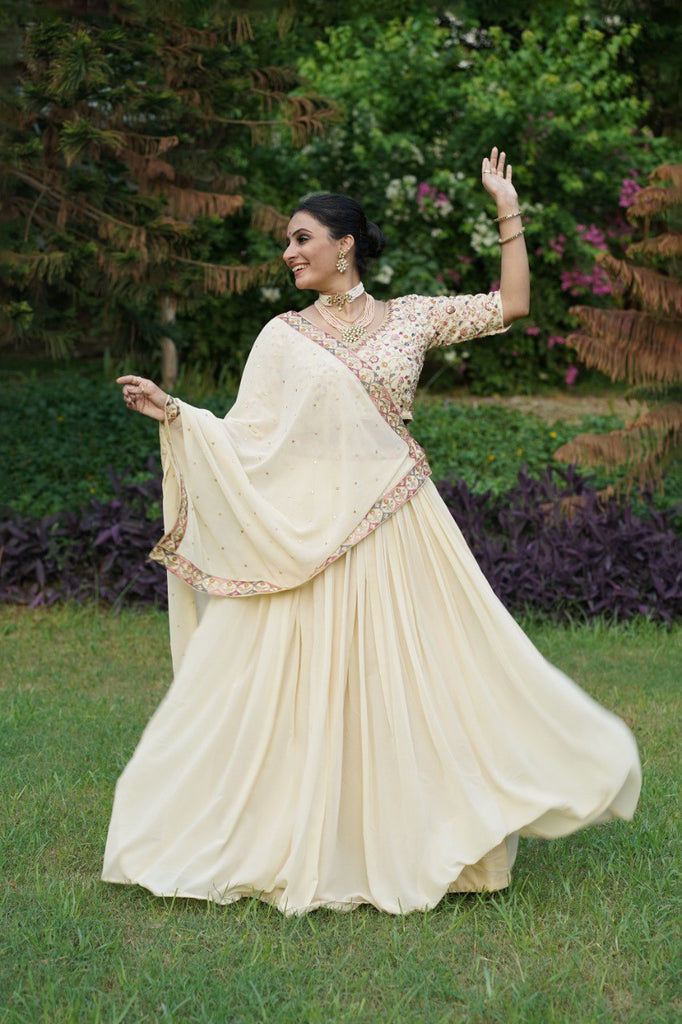 Off-White Lehenga Choli with Sequins & Thread Embroidery in Georgette Fabric ClothsVilla