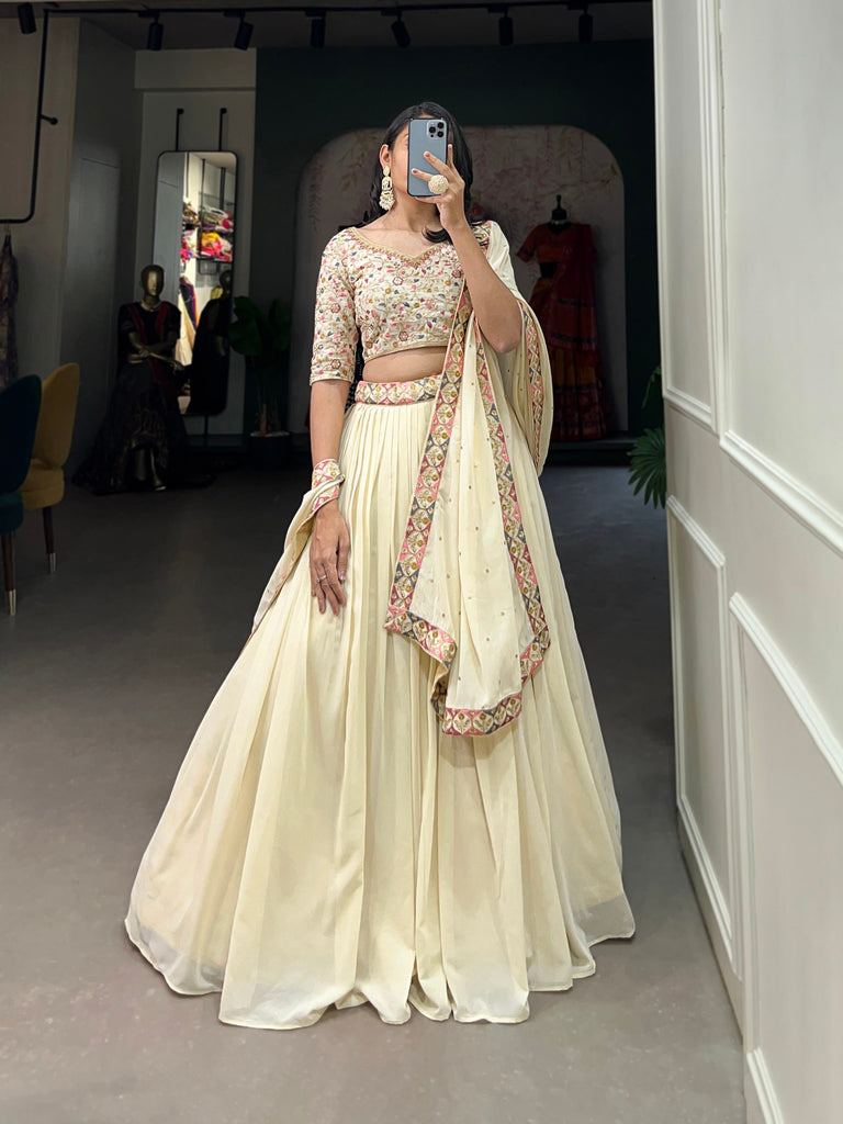 Off-White Lehenga Choli with Sequins & Thread Embroidery in Georgette Fabric ClothsVilla