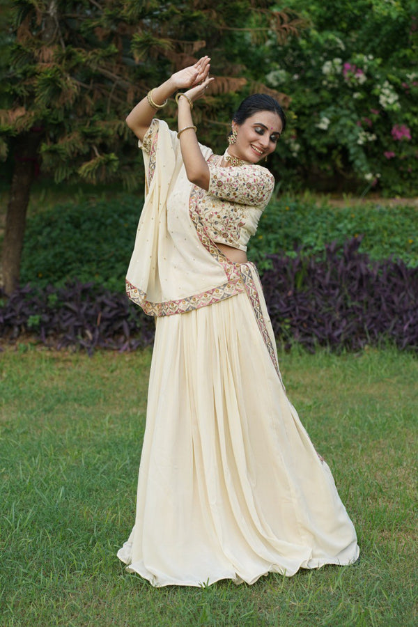 Off-White Lehenga Choli with Sequins & Thread Embroidery in Georgette Fabric ClothsVilla