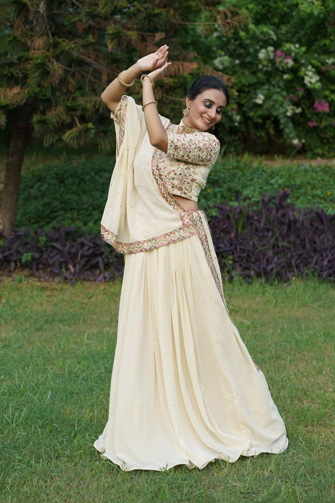 Off-White Lehenga Choli with Sequins & Thread Embroidery in Georgette Fabric ClothsVilla