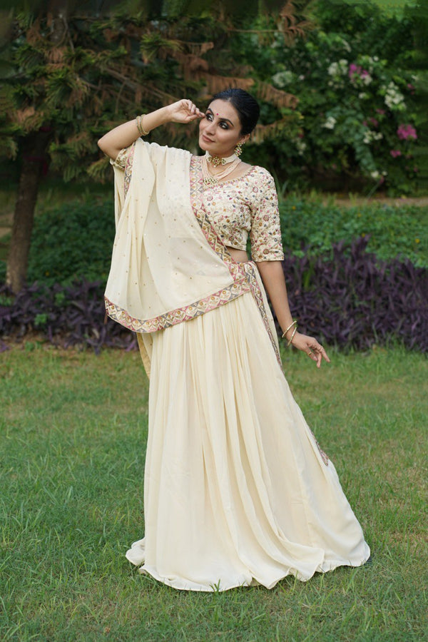 Off-White Lehenga Choli with Sequins & Thread Embroidery in Georgette Fabric ClothsVilla