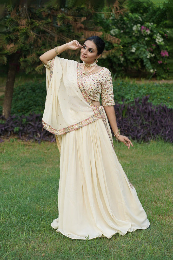 Off-White Lehenga Choli with Sequins & Thread Embroidery in Georgette Fabric ClothsVilla