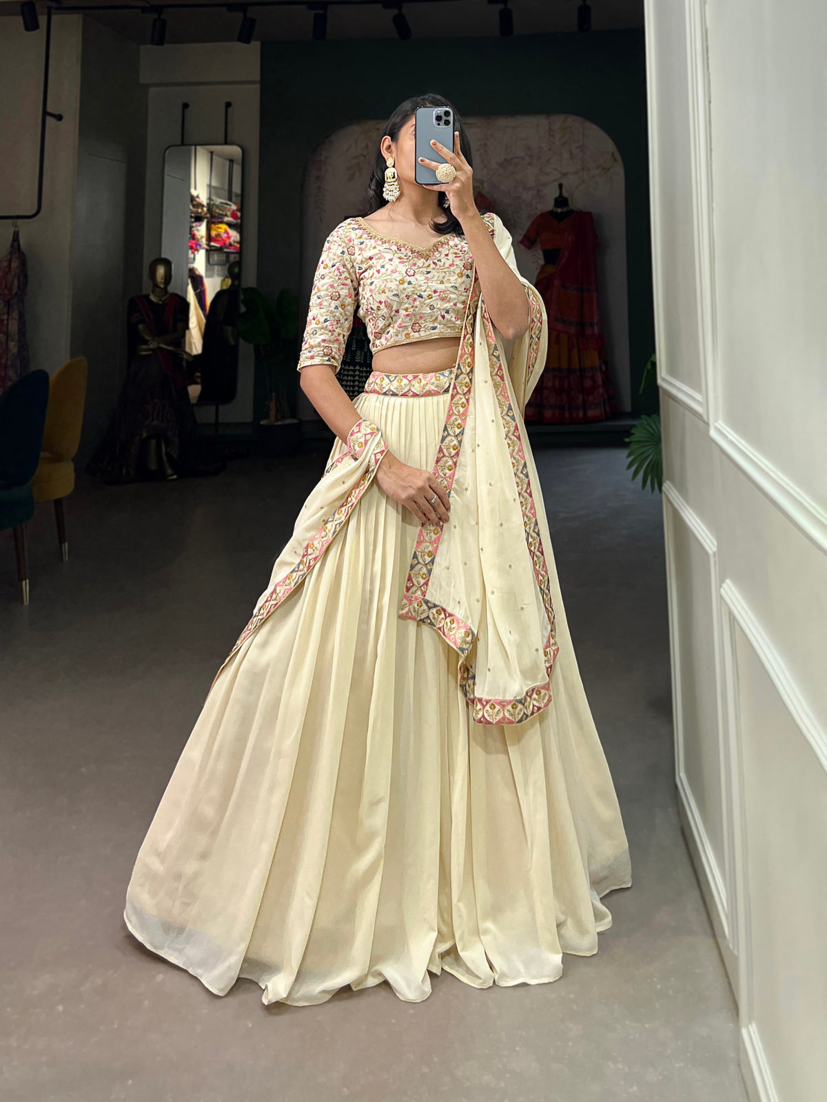 Off-White Lehenga Choli with Sequins & Thread Embroidery in Georgette Fabric ClothsVilla Main image