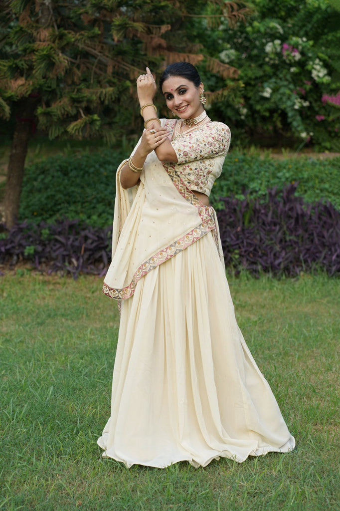 Off-White Lehenga Choli with Sequins & Thread Embroidery in Georgette Fabric ClothsVilla